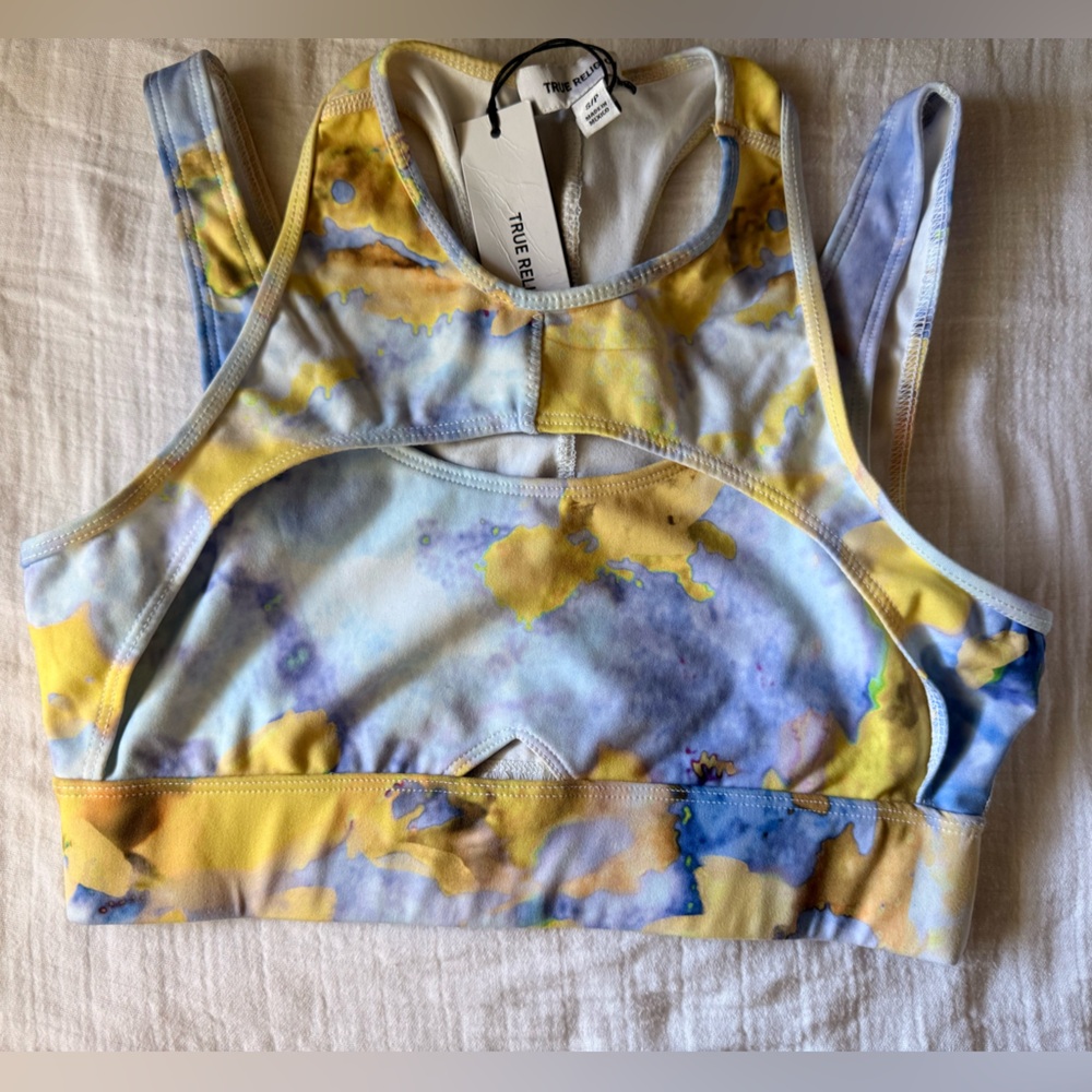 True Religion Yellow, Light Blue & Lavender Watercolor Sports Bra
